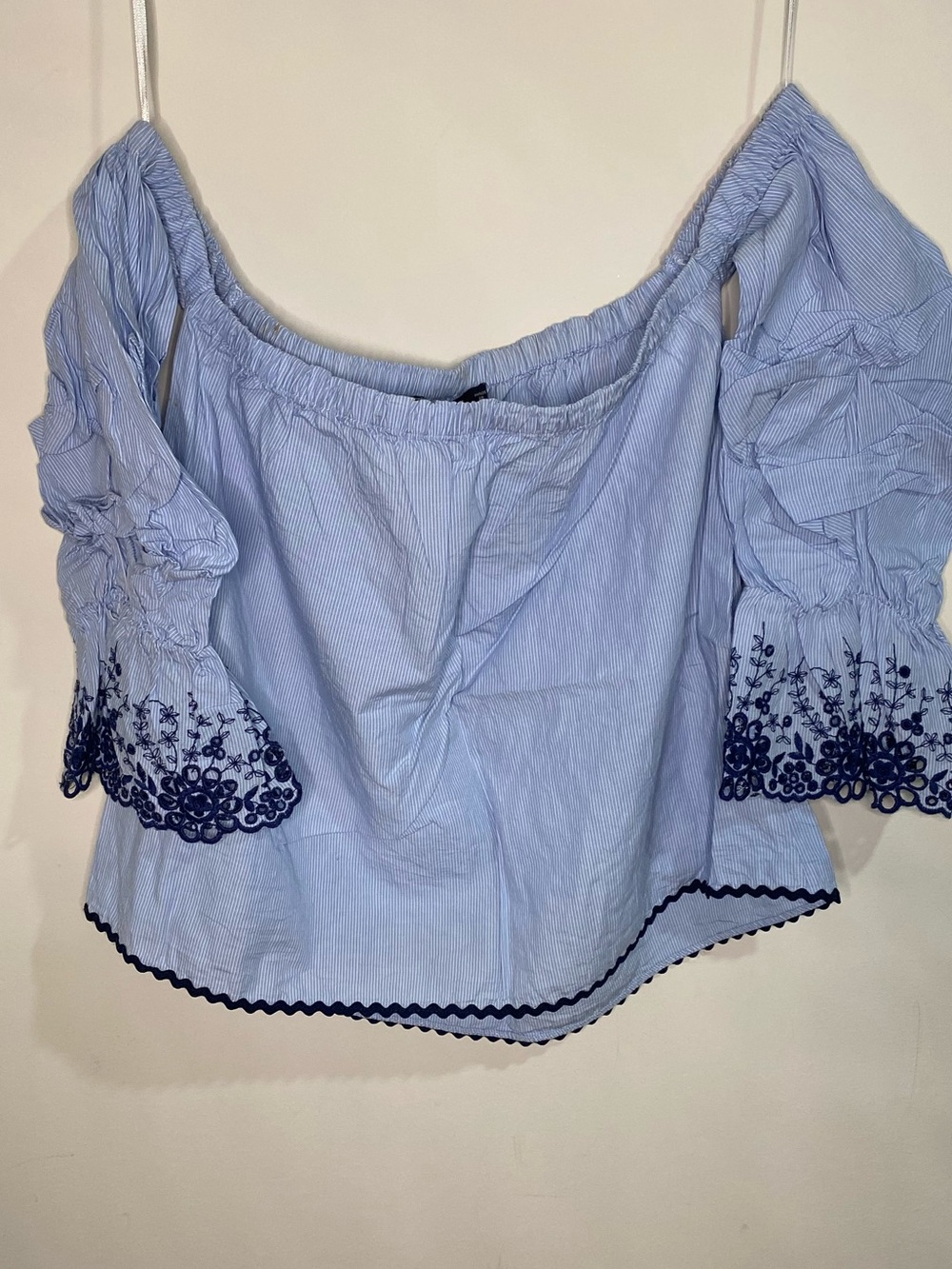 Zara Light Blue Off-Shoulder Top with Navy Embroidery